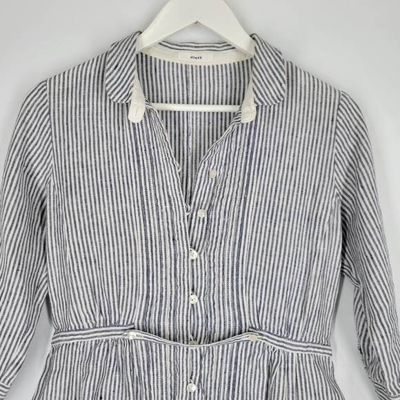 NIMES 100% Linen Shirt Dress Sz Medium Blue White Stripe Nautical Cottage - Picture 3 of 8